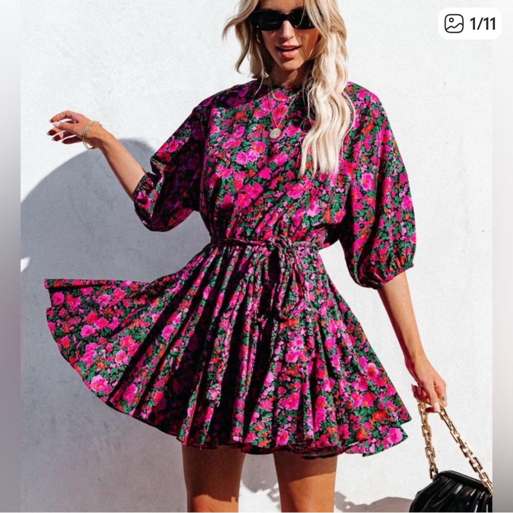 Aakaa Pink Floral Mini Dress Small Cottagecore Puff Sleeve 100% Cotton Boho Euro